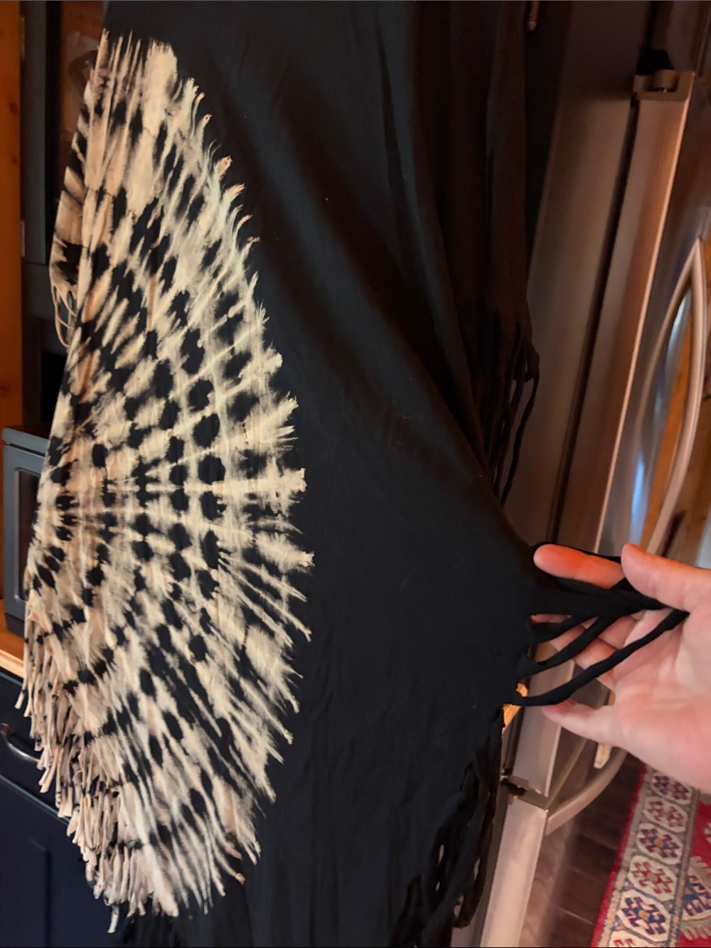 Black Fringe Tunic with Beige Tie-Dye Fan Print